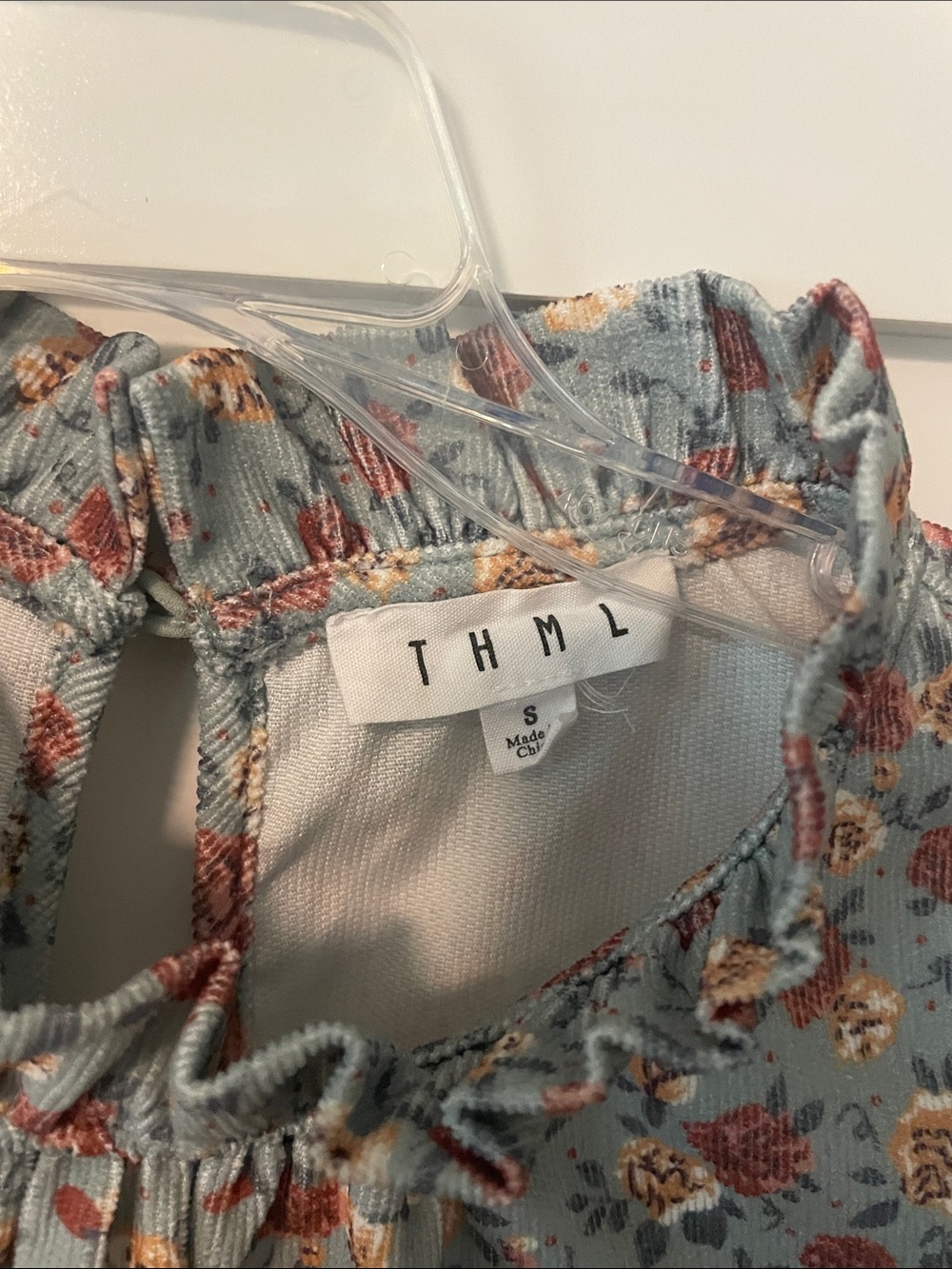 THML Sky Blue Floral Ruffle Neck Blouse with Flutter Sleeves - Picture 2 of 5